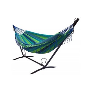 Hamac bleu et vert à franges avec support en métal