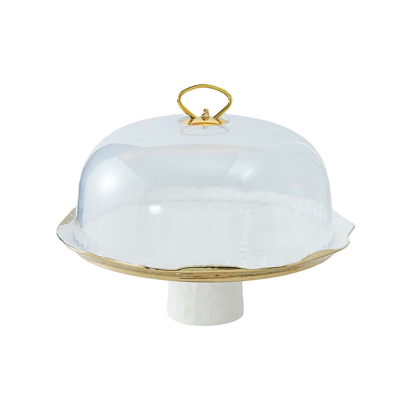 Cloche à gâteaux en porcelaine blanche bords dorés avec pelle à tarte