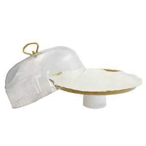 Cloche à gâteaux en porcelaine blanche bords dorés avec pelle à tarte