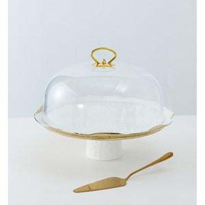 Cloche à gâteaux en porcelaine blanche bords dorés avec pelle à tarte
