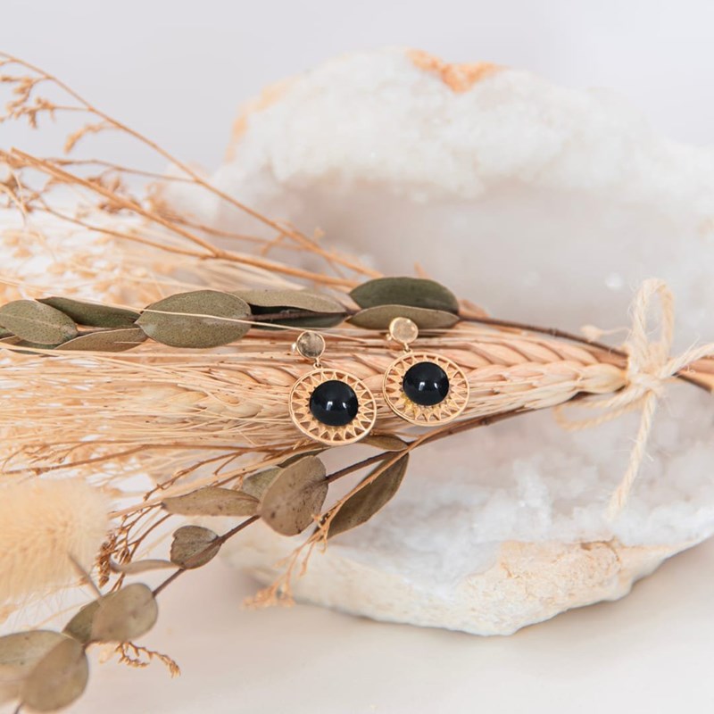 Boucles d’oreilles pendantes obsidienne leonie or