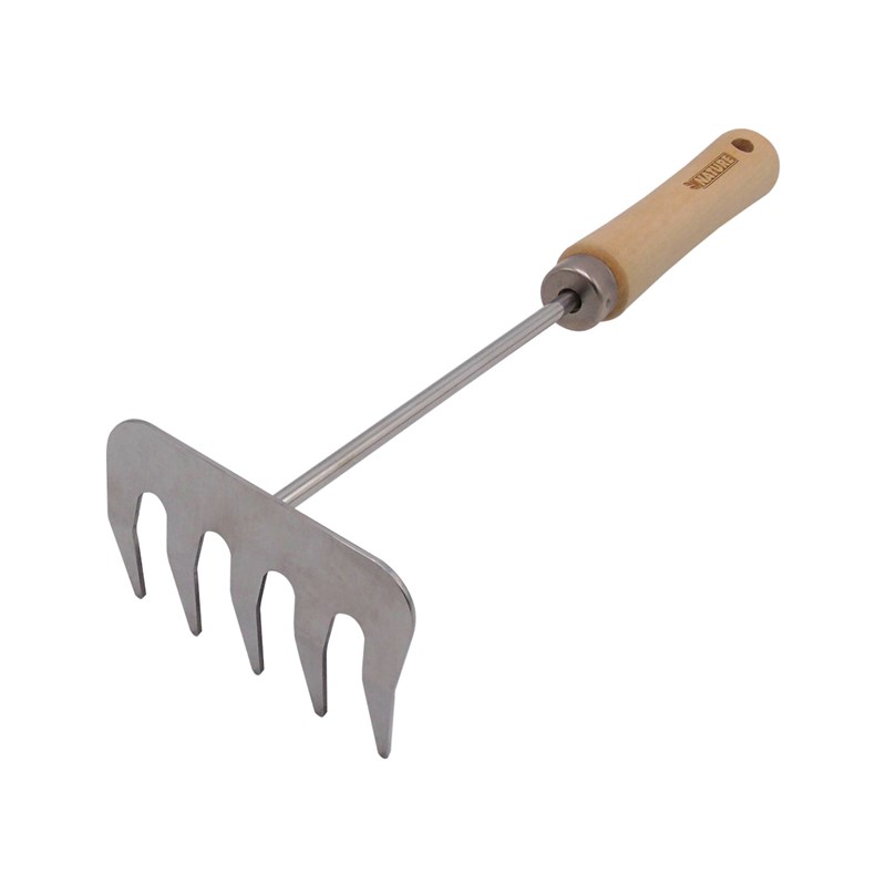 Râteau à fleurs 5 dents en acier inoxydable, manche bois fsc