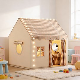 Tente maison enfant avec guirlande - beige