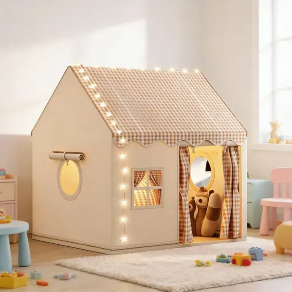 Tente De Jeu Enfant – Pliable, 150x100x150 Cm – Avec Drapeaux, Guirlandes Lumineuses – Intérieure/extérieure – Beige, Polyester Résistant