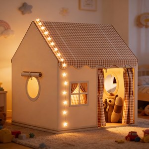Tente maison enfant avec guirlande - beige
