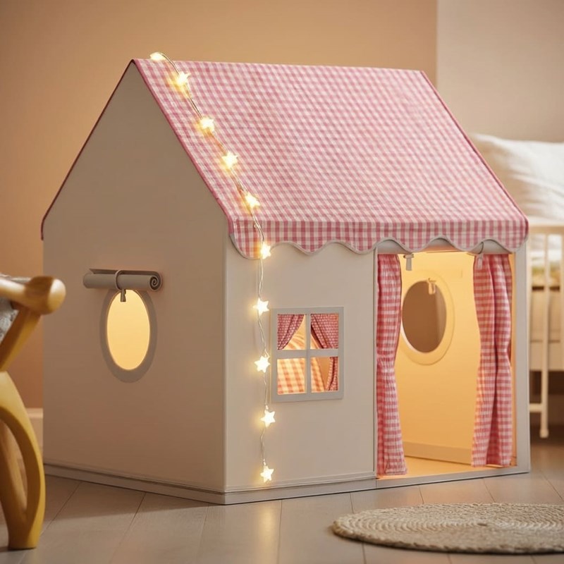 Tente maison enfant avec guirlande - rose