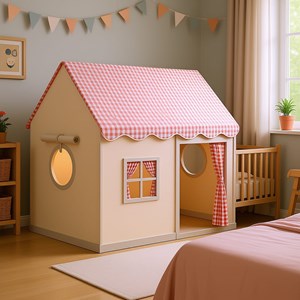 Tente maison enfant avec guirlande - rose