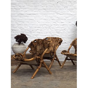 Lot de 3 fauteuils en rotin et tissu n°813