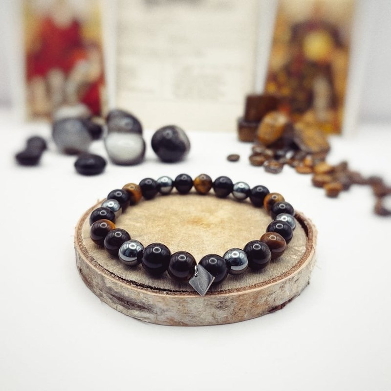 Bracelet oeil de tigre, hématite et obsidienne – apollon