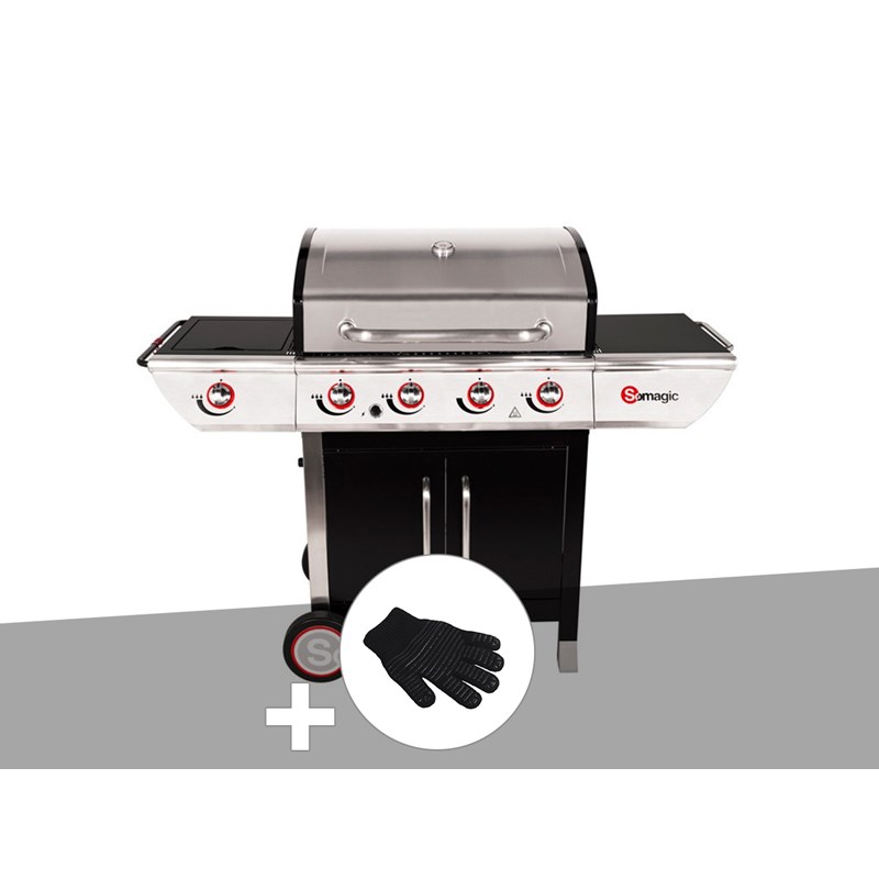 Barbecue à gaz avec chariot manhattan 450gpi + plancha + gant de protection