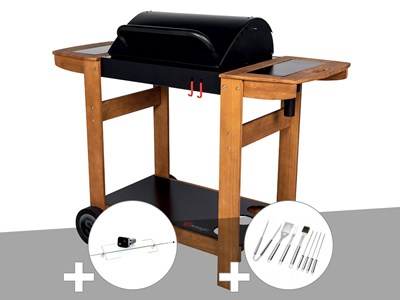 Barbecue à charbon indiana + kit tournebroche + malette 8 accessoires - somagic