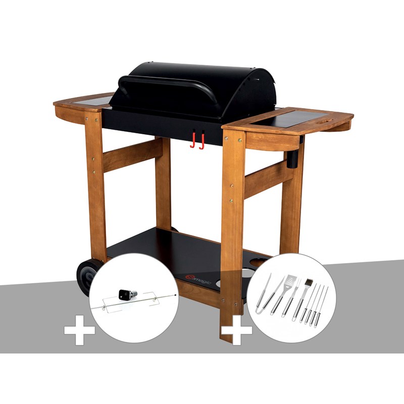 Somagic - Barbecue à charbon indiana + kit tournebroche + malette 8 accessoires - somagic