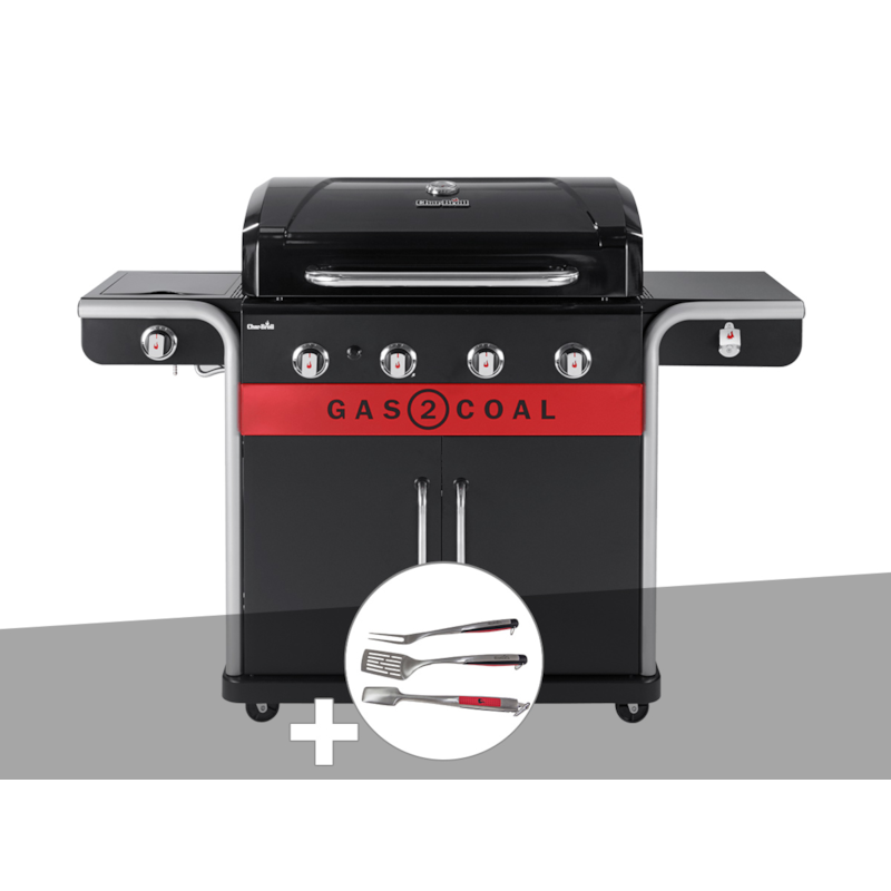 CHAR BROIL Barbecue &agrave; gaz et &agrave; charbon Gas2Coal Char-Broil 2.0 4B + Kit 3 ustensiles