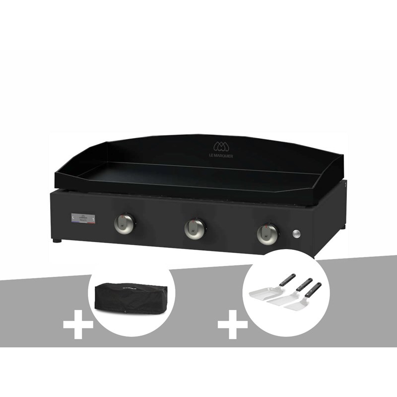 LE MARQUIER Plancha Pure 375 noire gaz + Housse de protection + Kit 3 spatules -