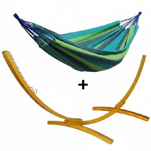 Ensemble support bois avec hamac simple bleu et vert