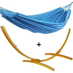 Ensemble support bois avec hamac simple bleu ciel