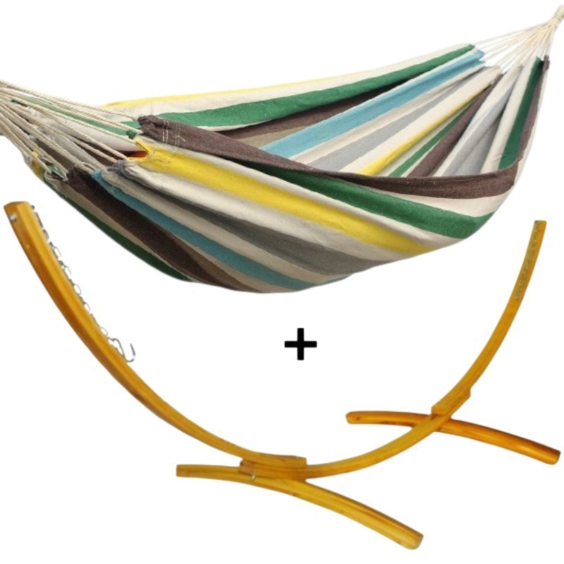 Ensemble support bois avec hamac simple multicolore