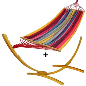 Ensemble support bois avec hamac à barres multicolore