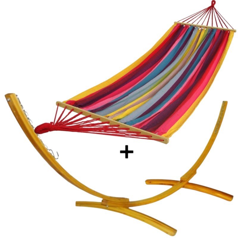 Ensemble support bois avec hamac à barres multicolore