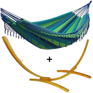 Ensemble support bois avec hamac à franges bleu et vert