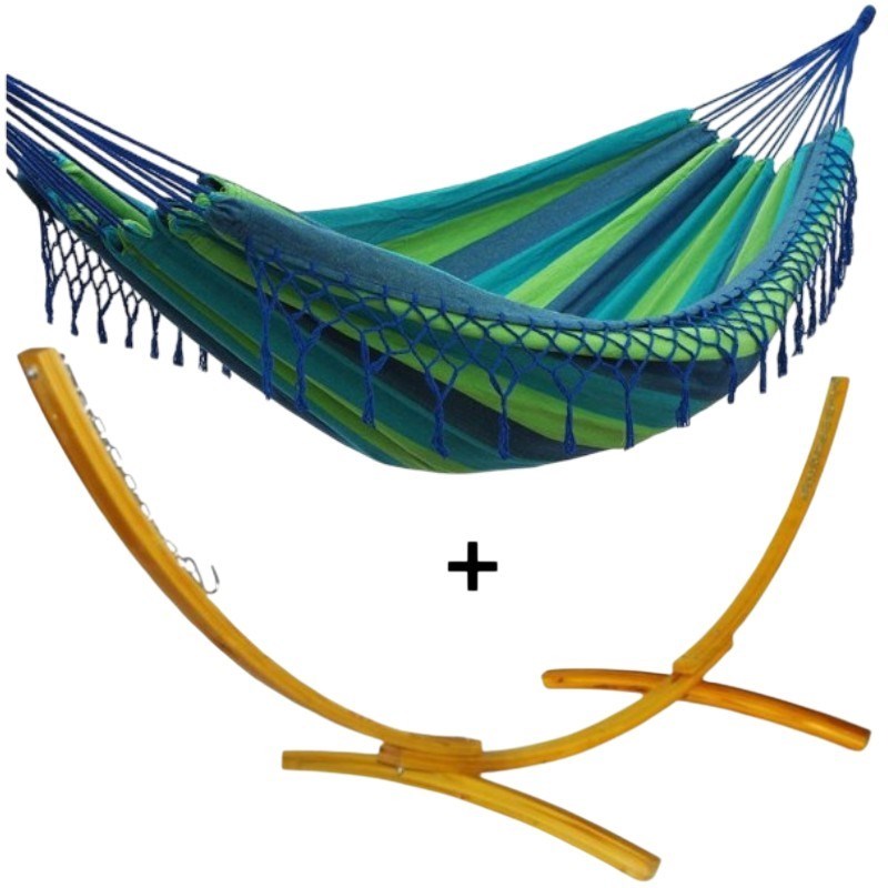 Ensemble support bois avec hamac à franges bleu et vert