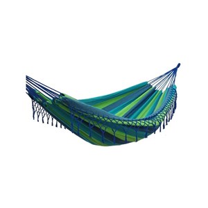 Ensemble support bois avec hamac à franges bleu et vert