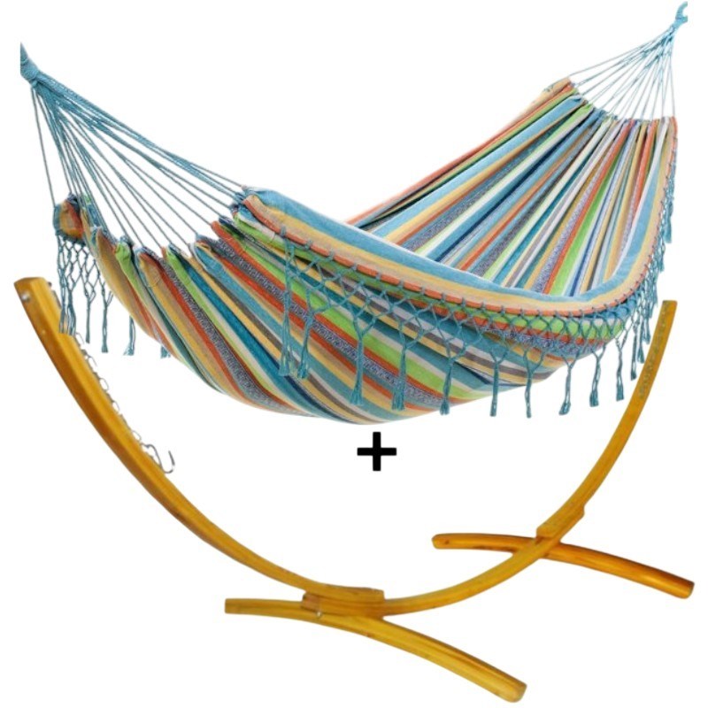 Ensemble support bois avec hamac à franges pastel
