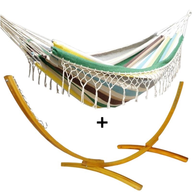 Ensemble support bois avec hamac à franges multicolore
