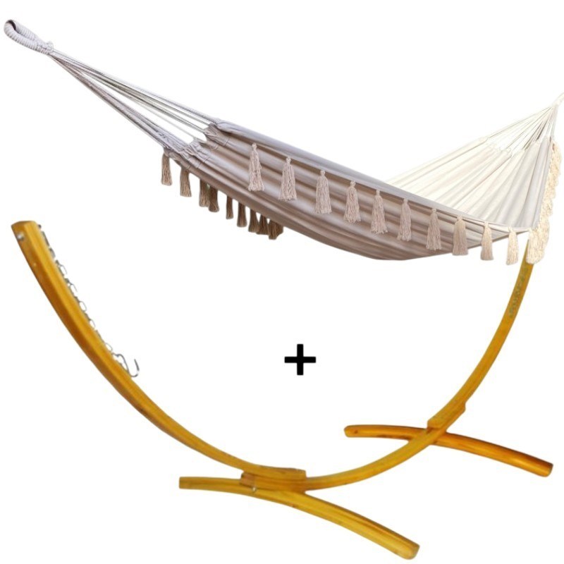 Hamac Détente - Ensemble support bois avec hamac simple écru à pompons