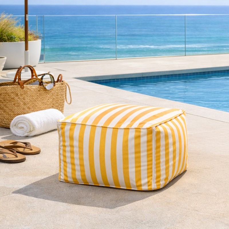Positano pouf exterieur rayé jaune déperlant 55x65x35 cm