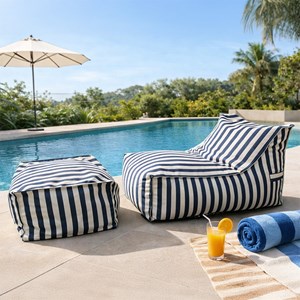 Positano ensemble de poufs exterieur rayés bleu déperlant