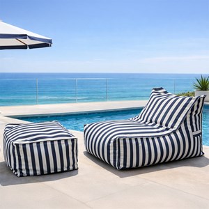 Positano ensemble de poufs exterieur rayés bleu déperlant