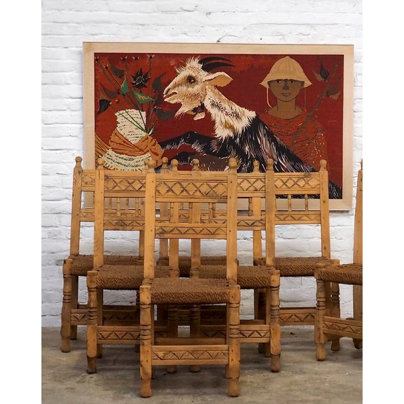 Debongout - Lot de 8 chaises en pin et corde n°1212