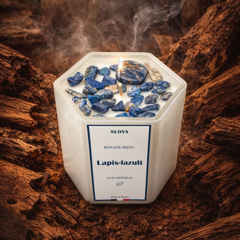 Bougie bijou pierres lapis-lazuli - parfum oud impérial