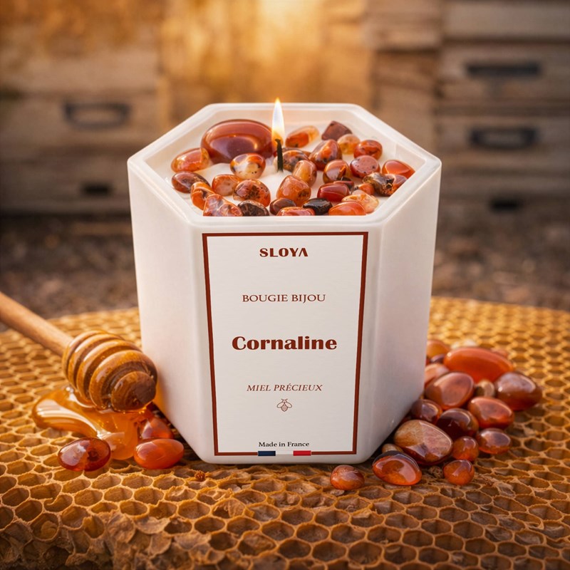 Bougie bijou pierres cornaline - parfum miel précieux