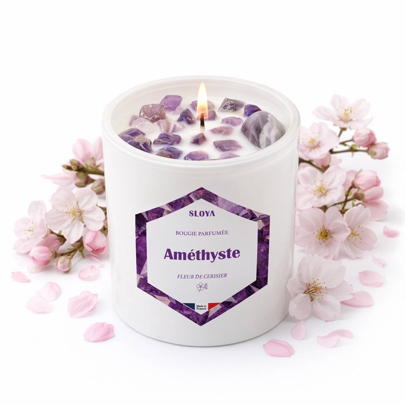 Bougie pierres améthyste - parfum fleur de cerisier