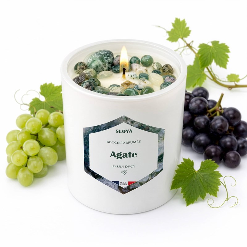 Bougie pierres agate - parfum raisin divin