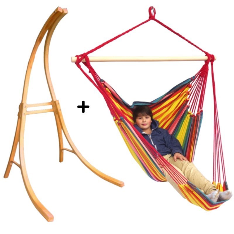 Support bois mélèze avec hamac chaise géant rouge