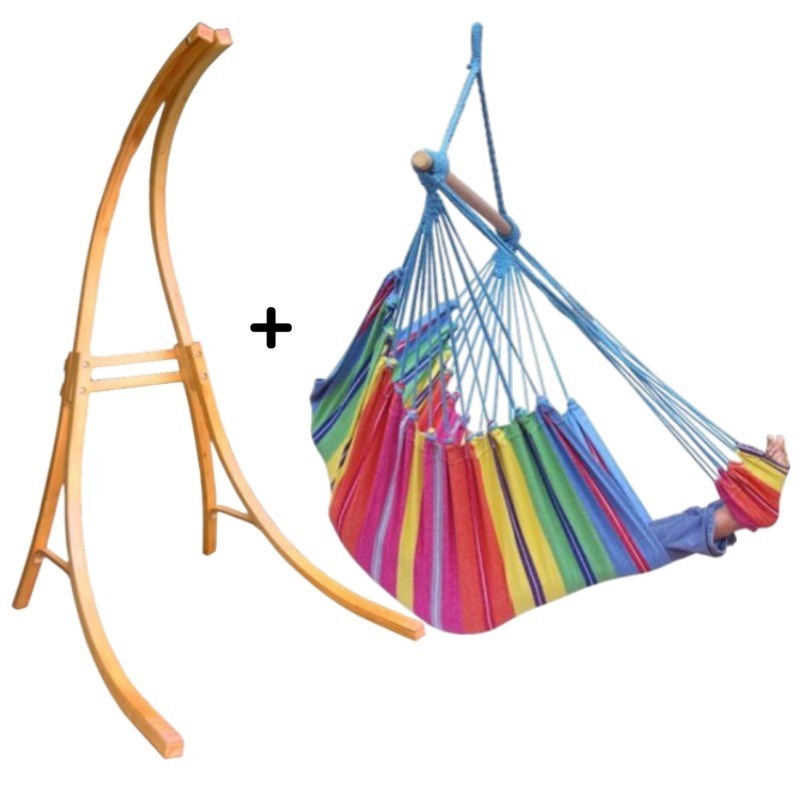 Support bois mélèze avec hamac chaise géant arc en ciel