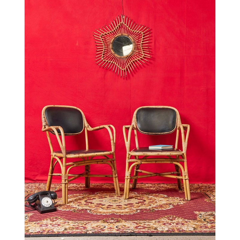 Paire de fauteuils en osier et cuir n°711