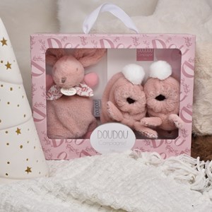 Coffret chaussons et doudou rose lapin doudou