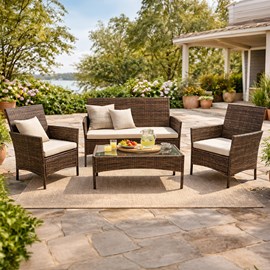 Loos ensemble de jardin 4 places en résine tressée marron et coussins beige