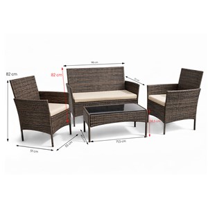 Loos ensemble de jardin 4 places en résine tressée marron et coussins beige