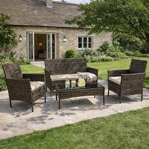 Loos ensemble de jardin 4 places en résine tressée marron et coussins beige