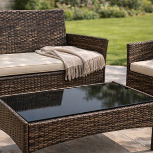 Loos ensemble de jardin 4 places en résine tressée marron et coussins beige