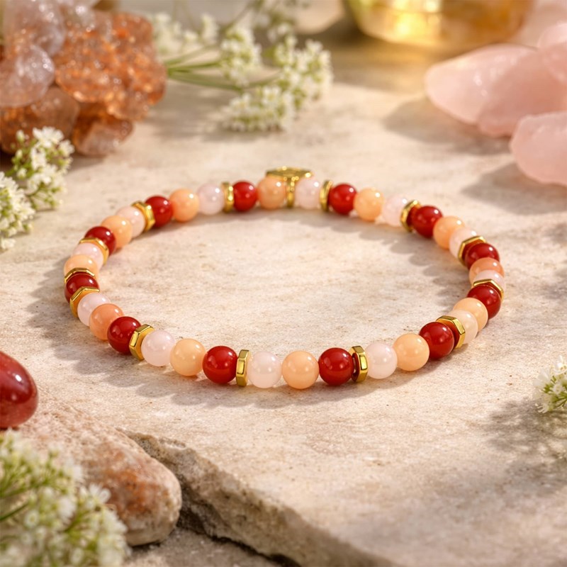 Bracelet en pierres de soleil, cornaline et quartz rose taille s