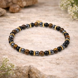 Bracelet en pierres oeil de tigre, obsidienne et hématite taille l
