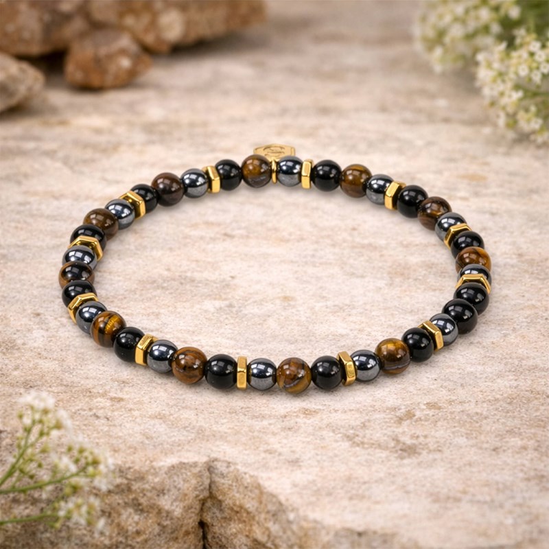Bracelet en pierres oeil de tigre, obsidienne et hématite taille l