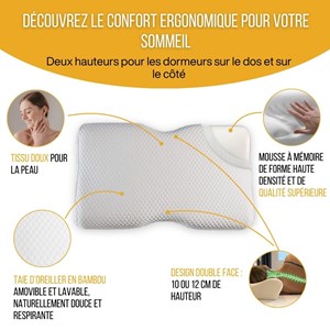 Oreiller ergonomique duo ajustable mémoire de forme, taie bambou incluse