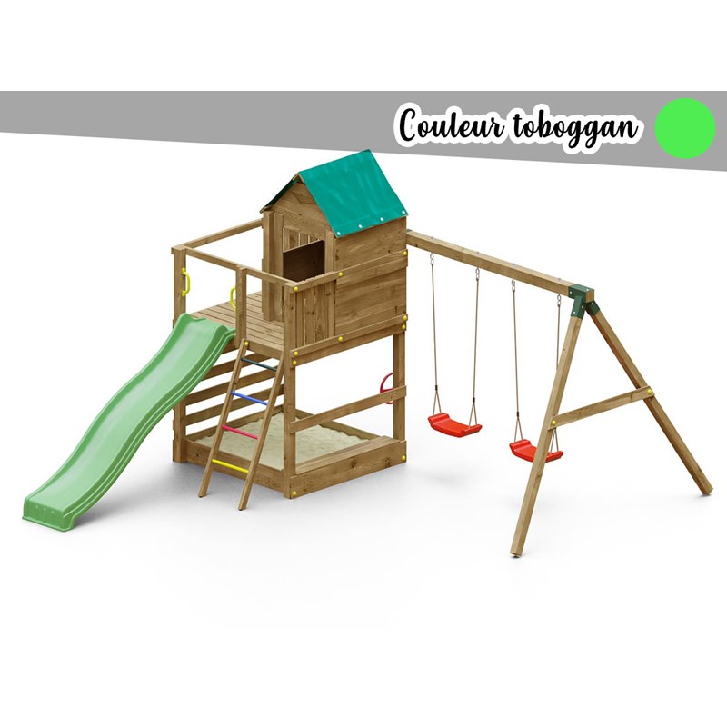 Aire de jeux jarcas avec balançoire double - toboggan vert - fungoo